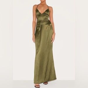 Pretty Little Thing Olive Green Satin Slip Maxi Dress - Women’s Size 12